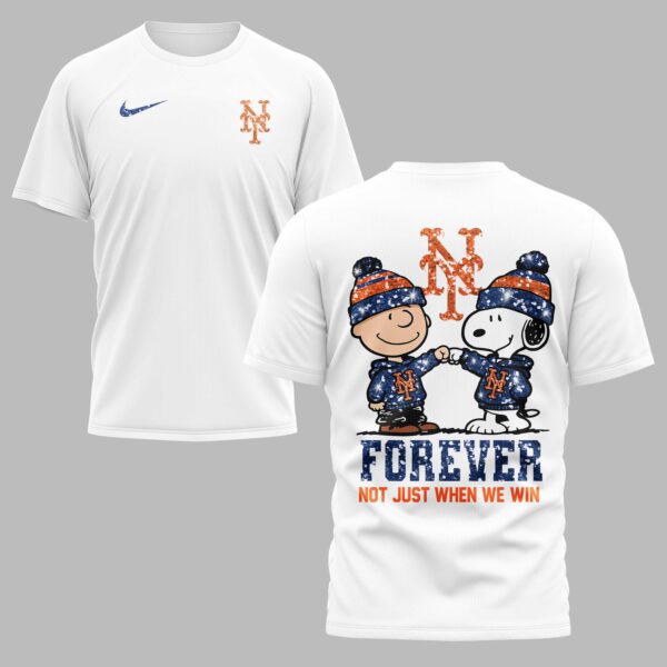 New York Mets “FOREVER - Not Just When We Win” Snoopy & Charlie Glitter Friendship Premium T-Shirt PH00002