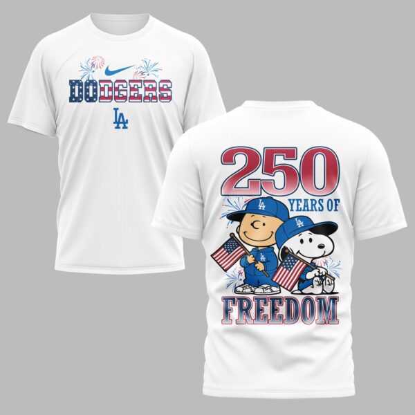 Los Angeles Dodgers 250th Freedom Anniversary Snoopy & Charlie Friendship Premium T-Shirt PH00003